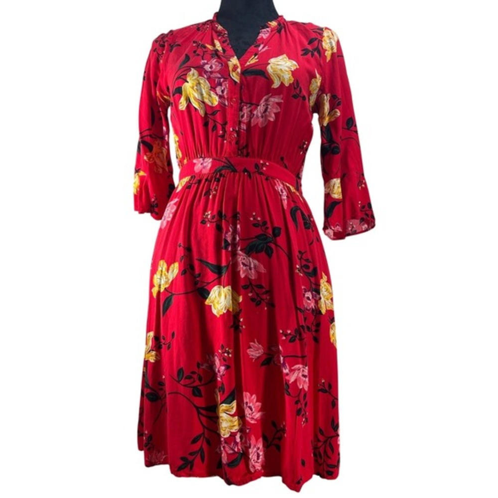 Old Navy Red Floral cottagecore Fit Flare‎ Dress  prairie romantic spring